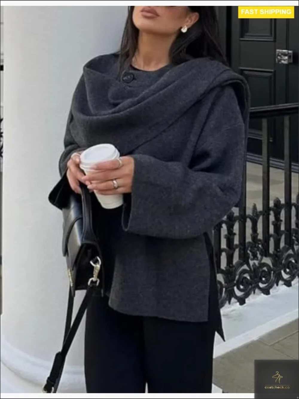 Oversized Peacoat Knit Scarf Jacket Wrap Long Sleeve Button Winter Chic